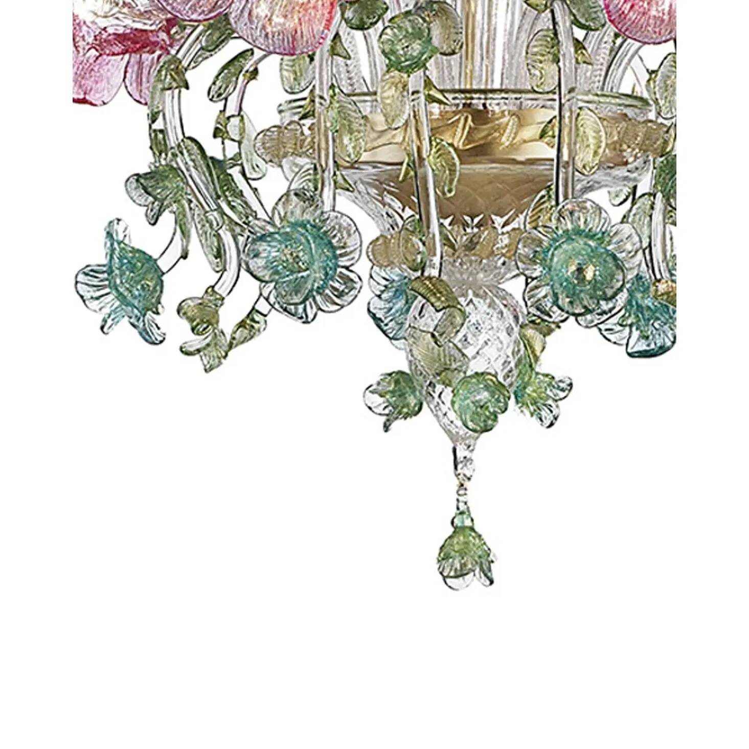 Ornate Venetian Pink and Green Floreal Murano Glass Chandelier