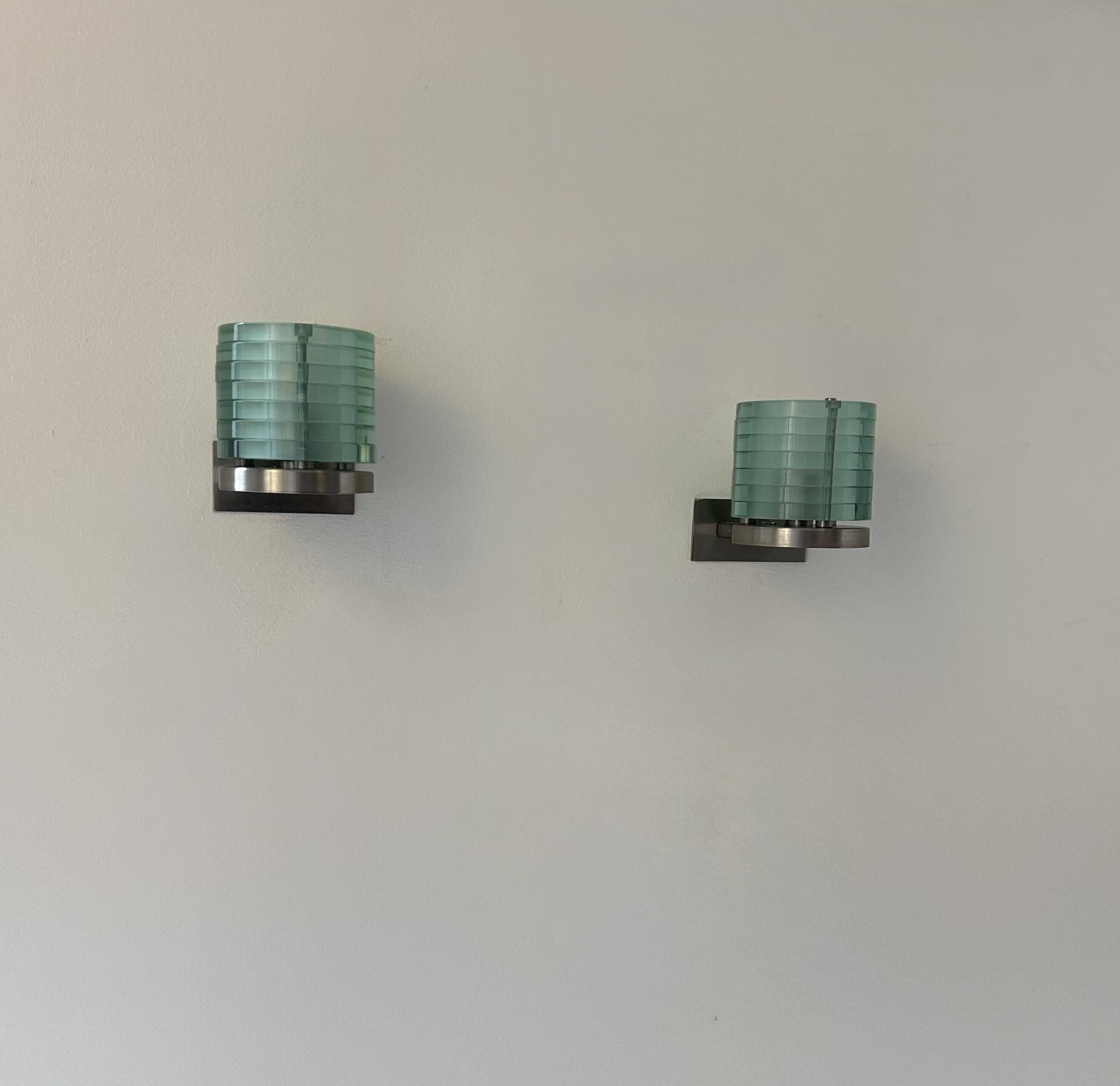 Pair of vintage post-modernist wall lights, glass and metal, Belgium, 1990