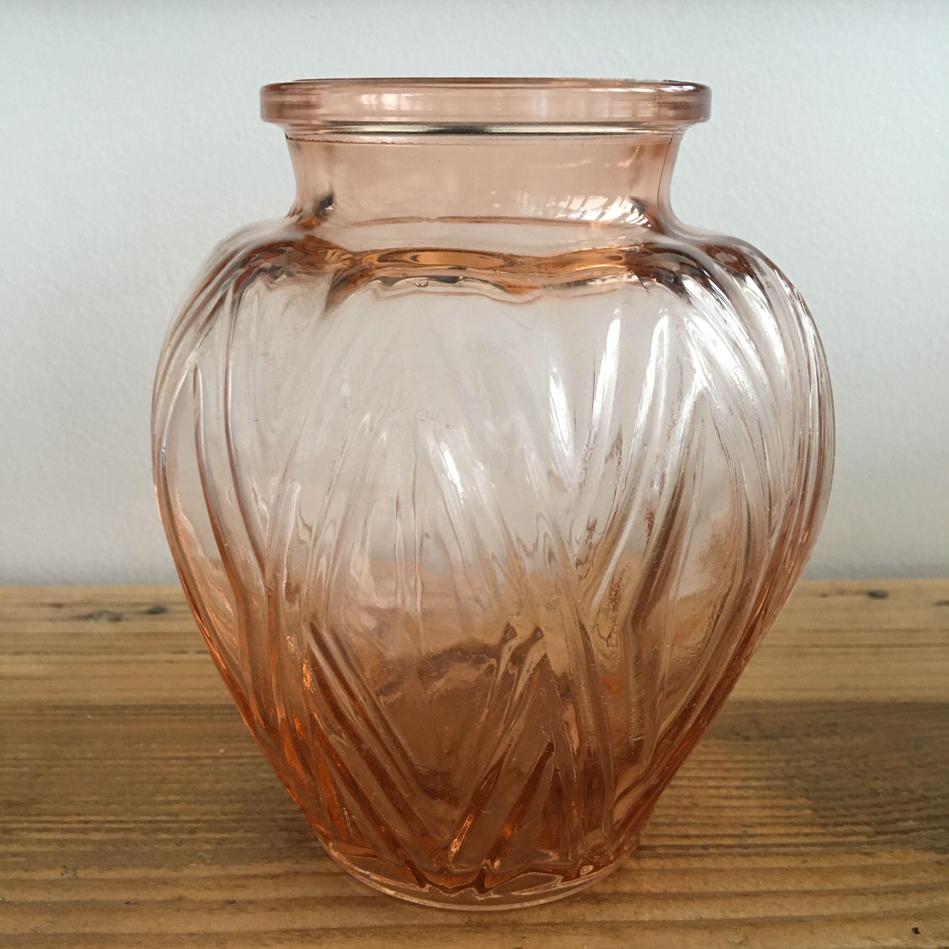 Pressed glass vase molded pink Art Deco