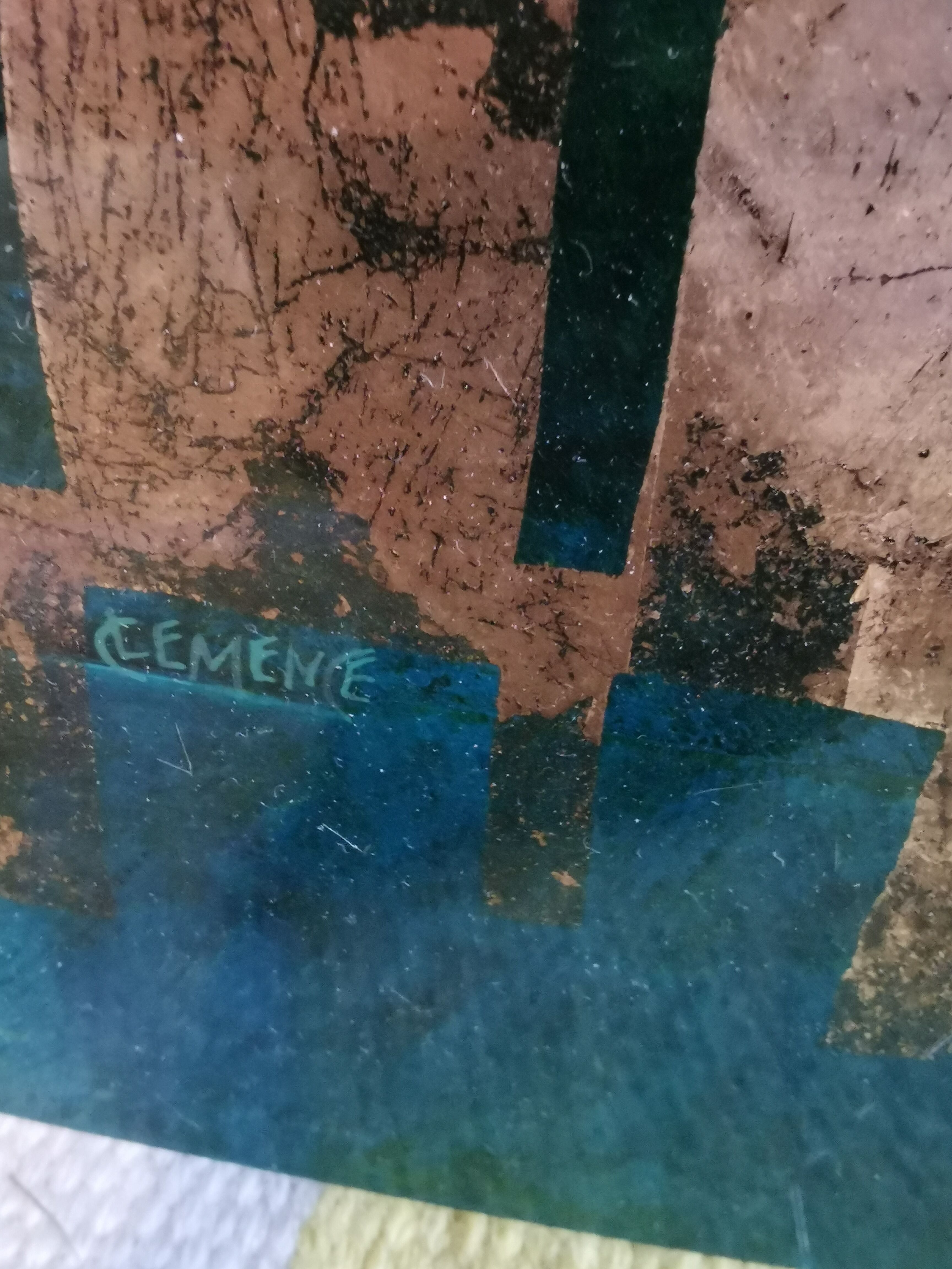 Green and gold laque mirror signed Clémence