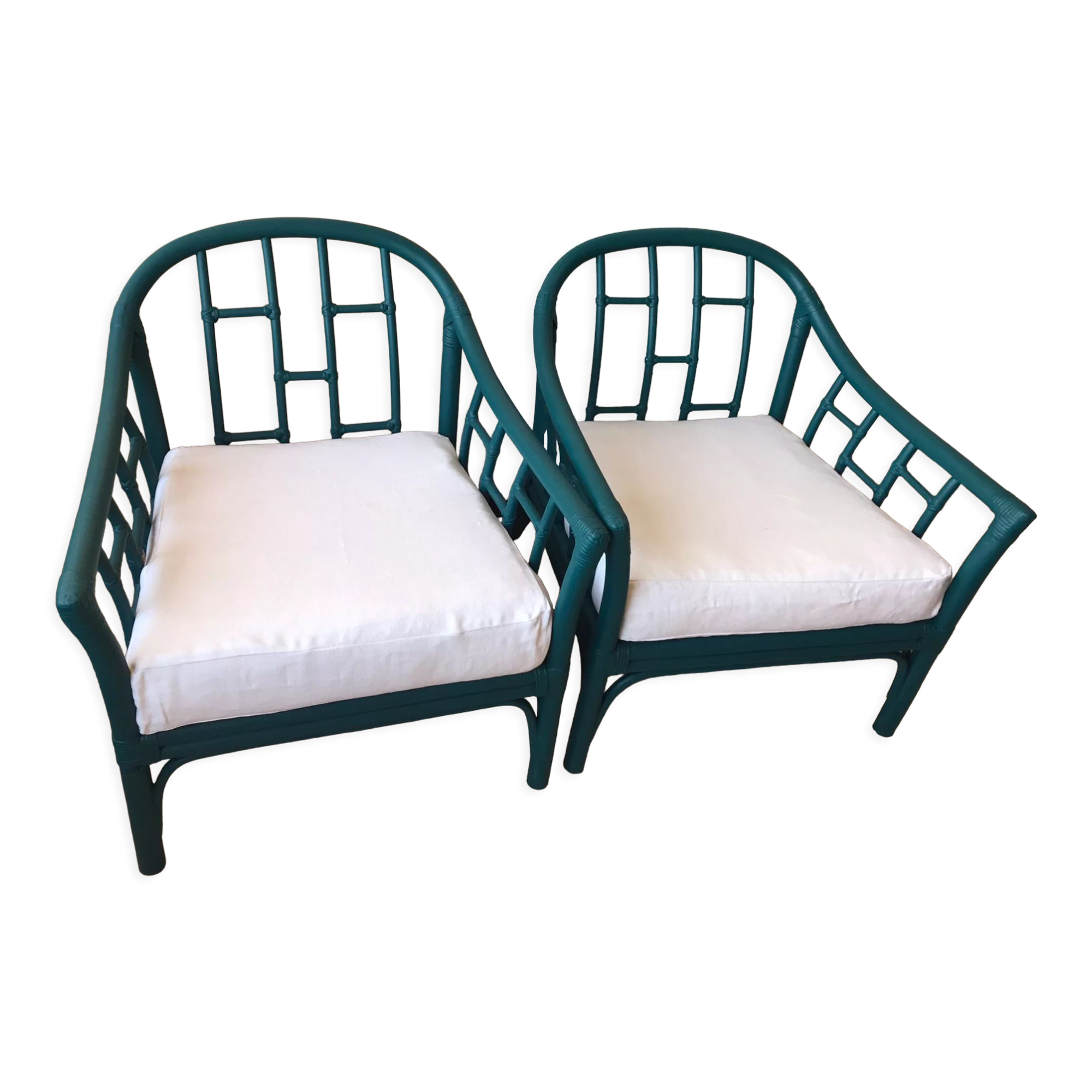 Pair of vintage blue rattan armchairs