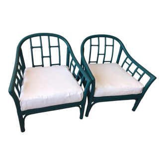 Pair of vintage blue rattan armchairs
