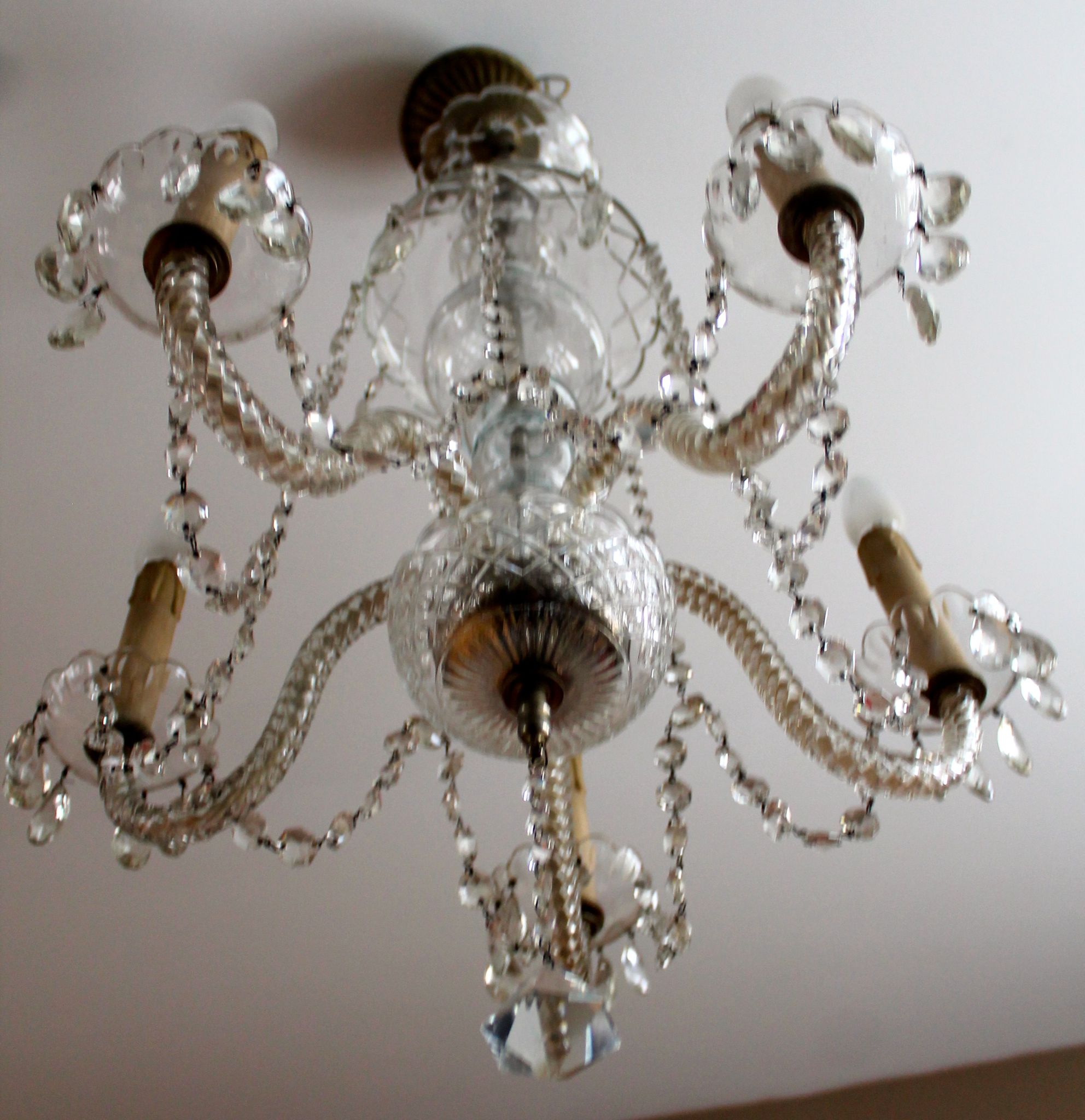 Lustre à pampilles 5 feux en cristal de Tchécoslovaquie