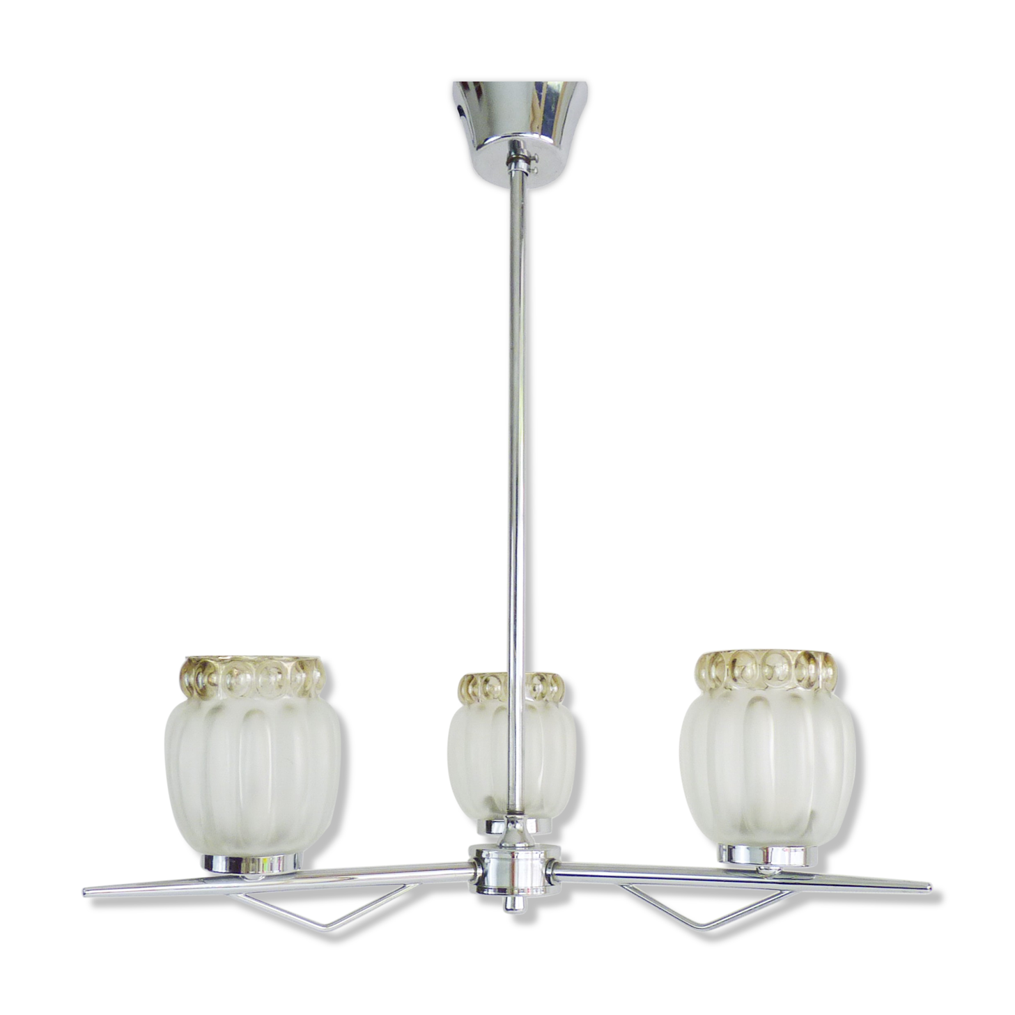 Vintage chandelier with 3 branches in chrome metal and glass globe. Year 70