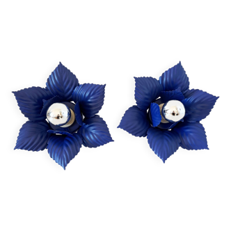 Pair of vintage masca blue metal flower wall lights
