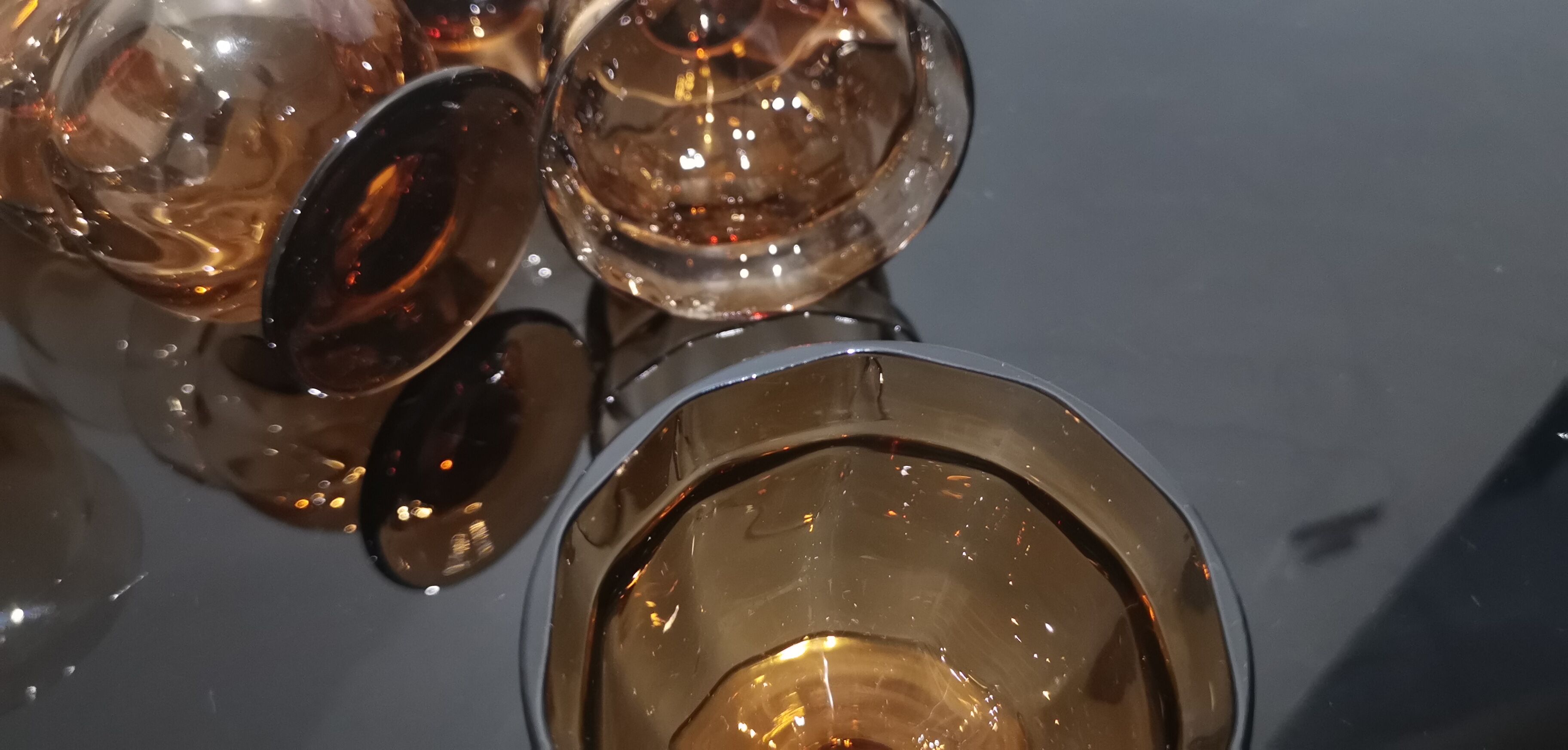 Set of 8 old vintage 70's amber brown cut glass glasses