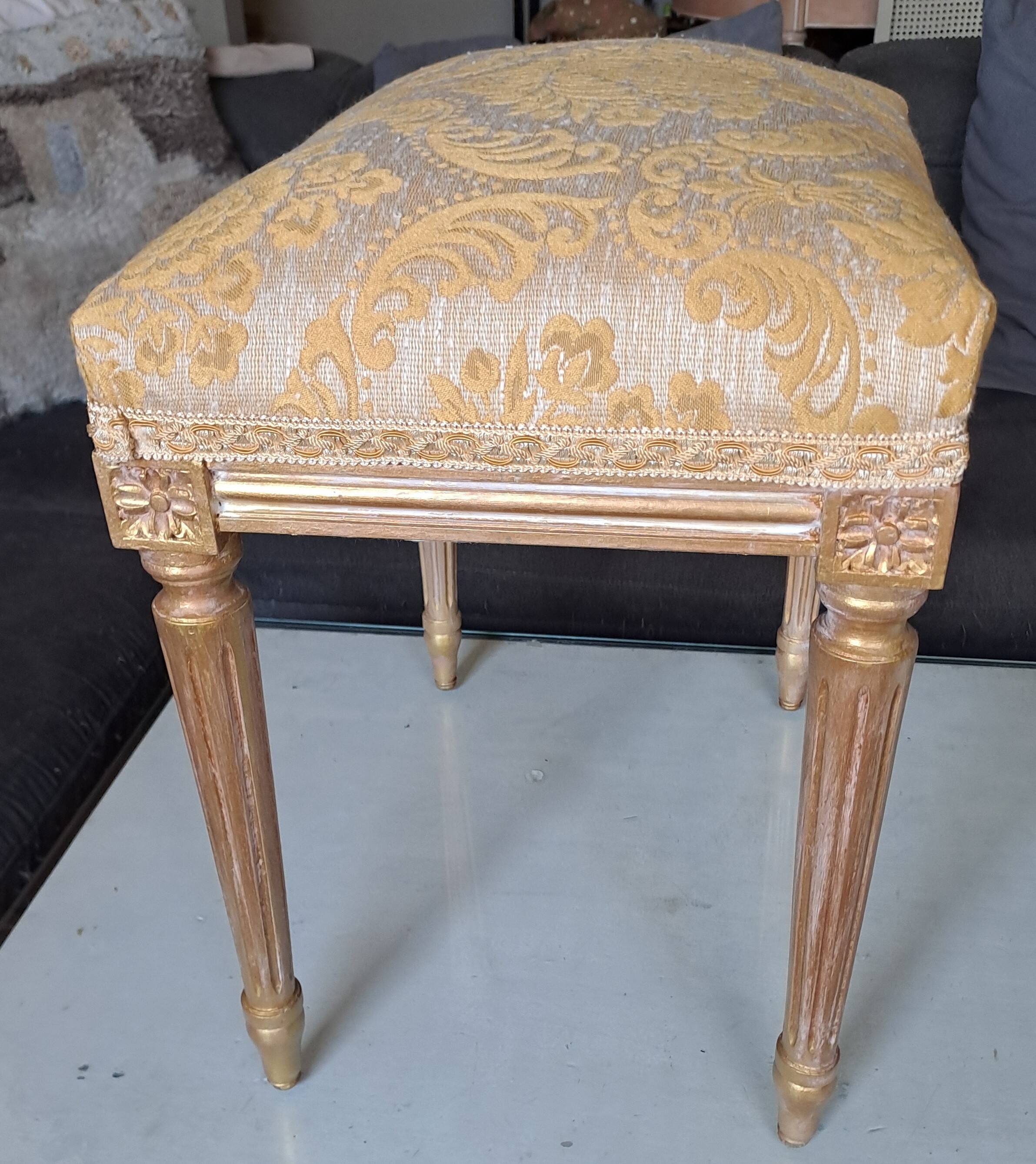 Piano stool in gold wood, Empire style, 19th century upholstery restoration