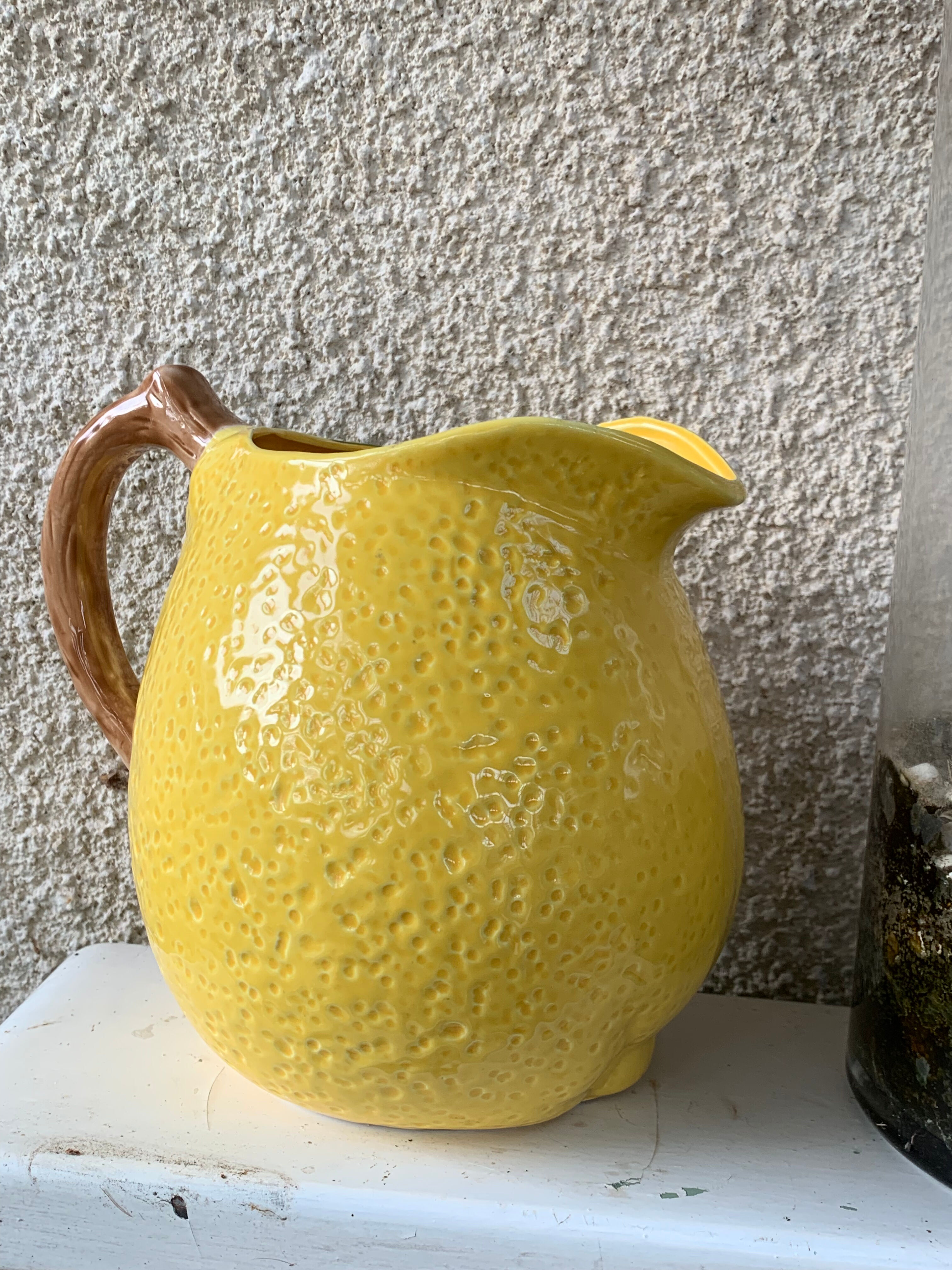 Lemon pitcher in ceramic slurry glazed yellow and green vintage