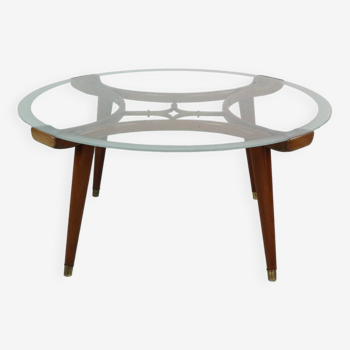 William Watting Brass, Wallnut, Round Glass Coffee Table for Fristho, 1950s