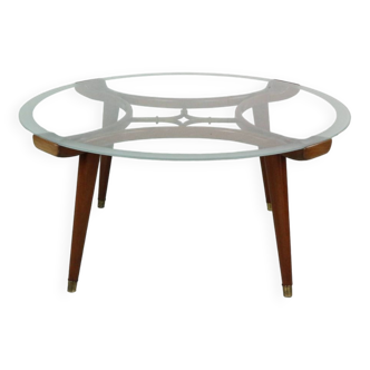 William Watting Brass, Wallnut, Round Glass Coffee Table for Fristho, 1950s