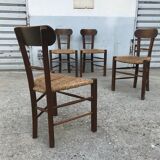 Set de 4 chaises brutalistes bois et corde, art populaire