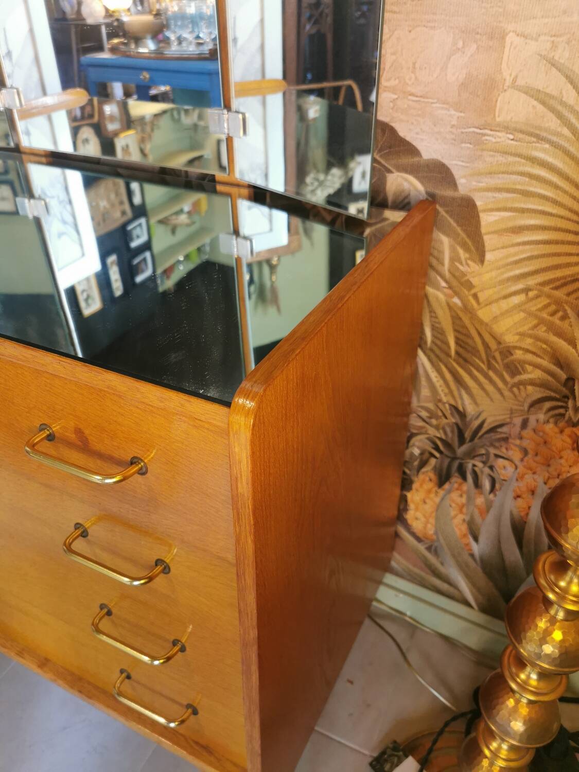 Vintage chest of drawers with compass legs and triptych mirror