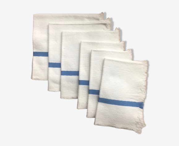 6 serviettes en coton blanc à bande bleue