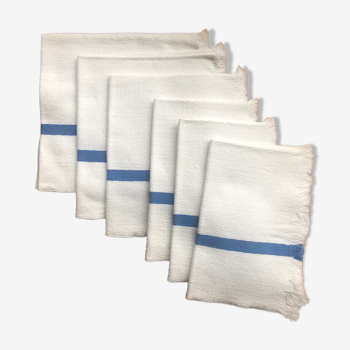 6 white cotton towels with blue stripe