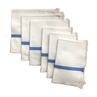 6 white cotton towels with blue stripe