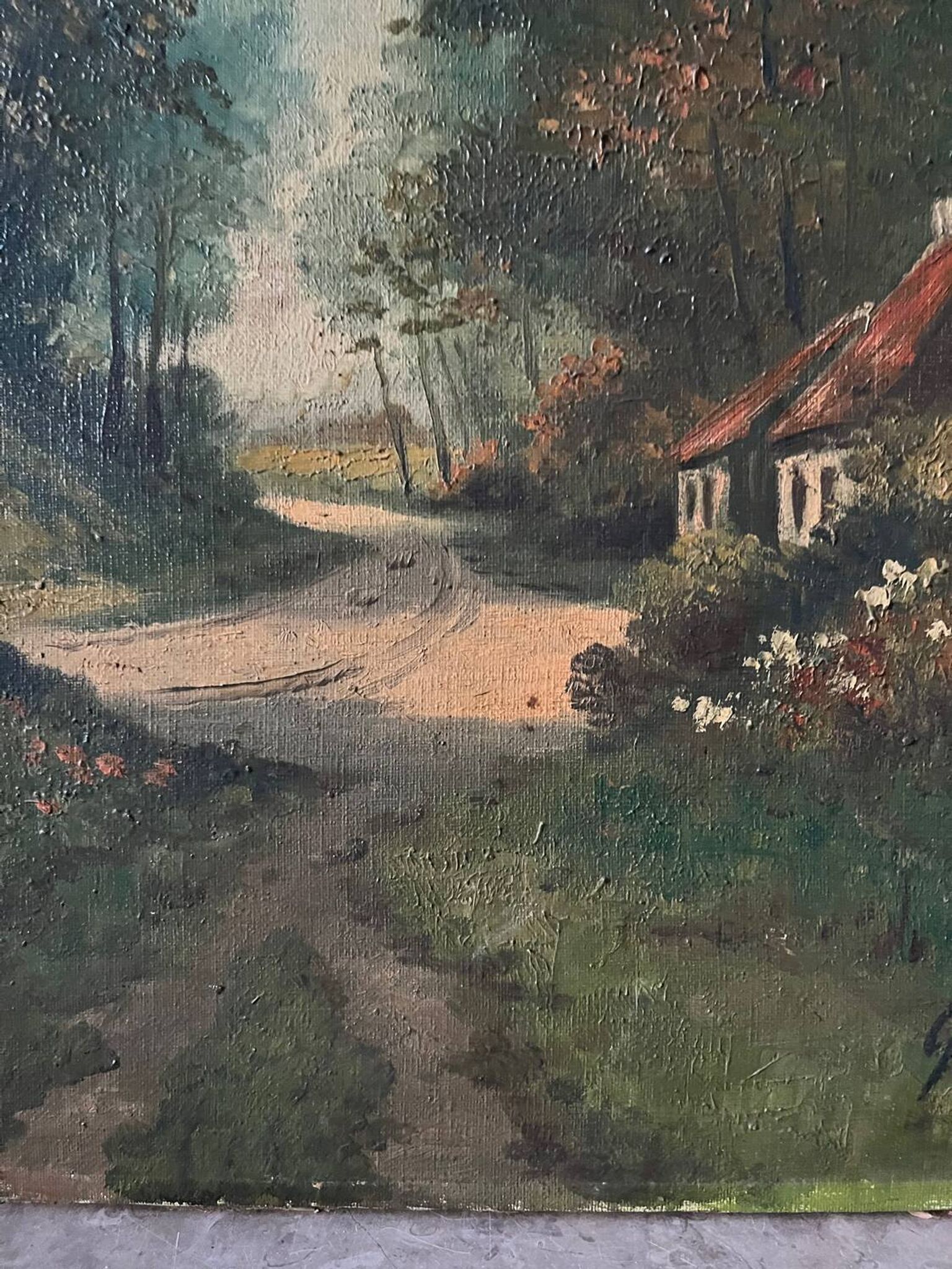 Cottage in the woods, oil on canvas signed