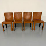 4 camel leather chairs, postmodern design by Paolo Piva for B&B Italia Arcadia.
