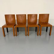 4 camel leather chairs, postmodern design by Paolo Piva for B&B Italia Arcadia.