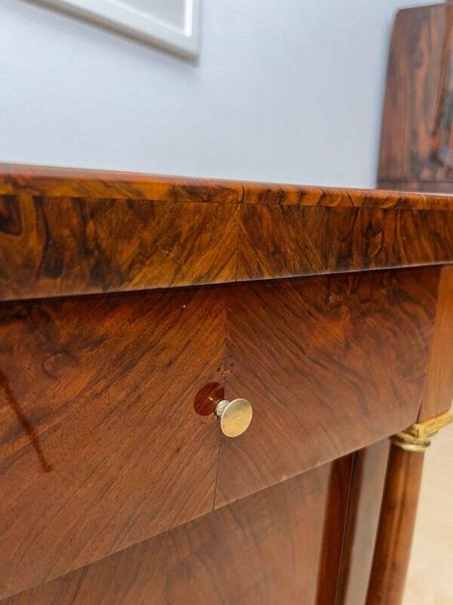 Empire Nightstands in Walnut with Full Columns in Gilt Brass, Italy, 1810, Set of 2