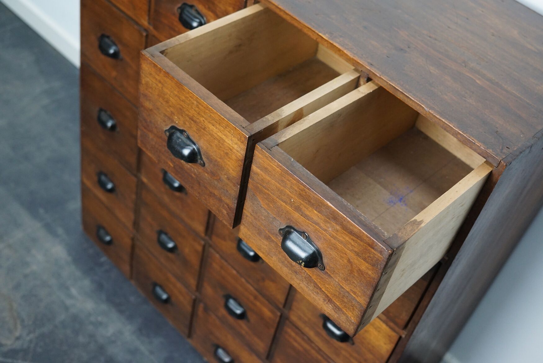 French fruitwood apothecary cabinet, ca 1950s