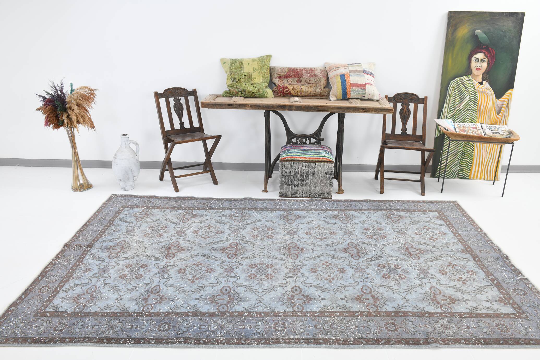 6x10 Rug For Living Room Bordered Blue Turkish Vintage Area Rug, 184x301Cm SK 1512