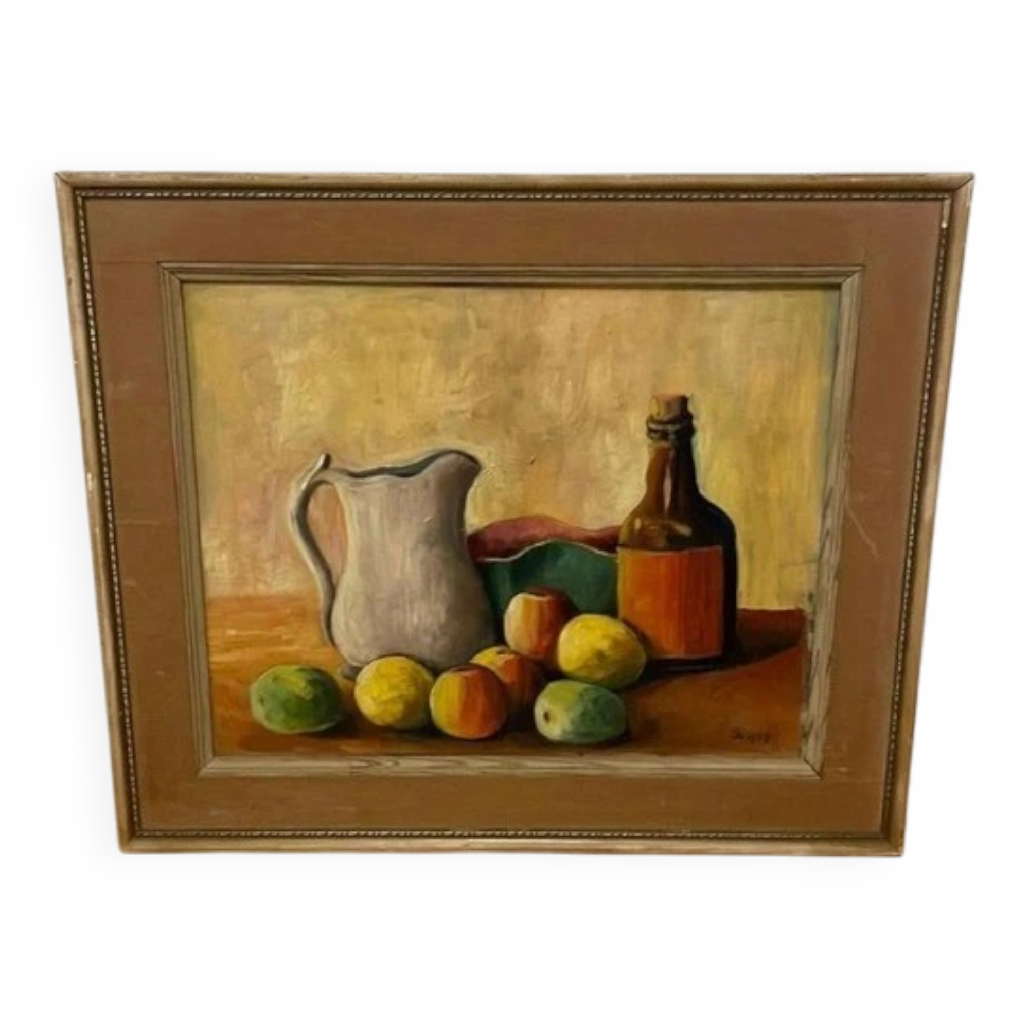 Swedish Oil on Board “Still Life with Jug,Bottle and Fruit” By CW Framed 60×51cm