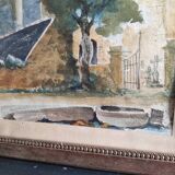 Aquarelle française d'un village avec une église, signée Vellat, 1929
