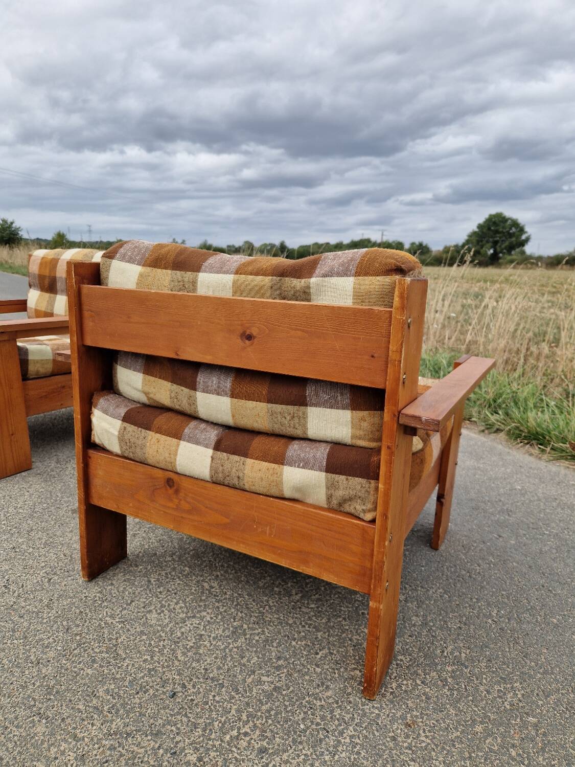 Pair of brutalist pine armchairs circa 1960