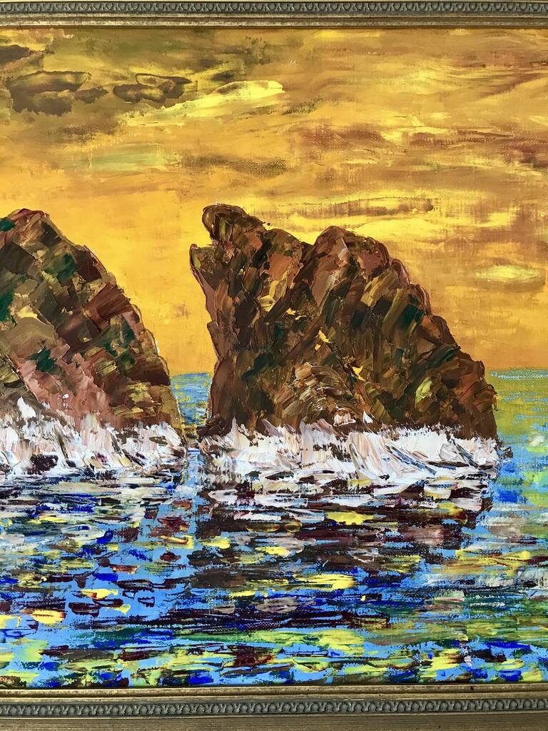Oil painting on canvas landscape sunset framed vintage