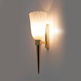 Pair of Mid-century Modern Italian Brass and Pulegoso Murano Glass Sconces