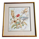 Aquarelle signée D.Desser oiseaux et fleurs