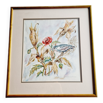 Beautiful original watercolor signed D.Desser in a classic colonial style with birds and flowers.