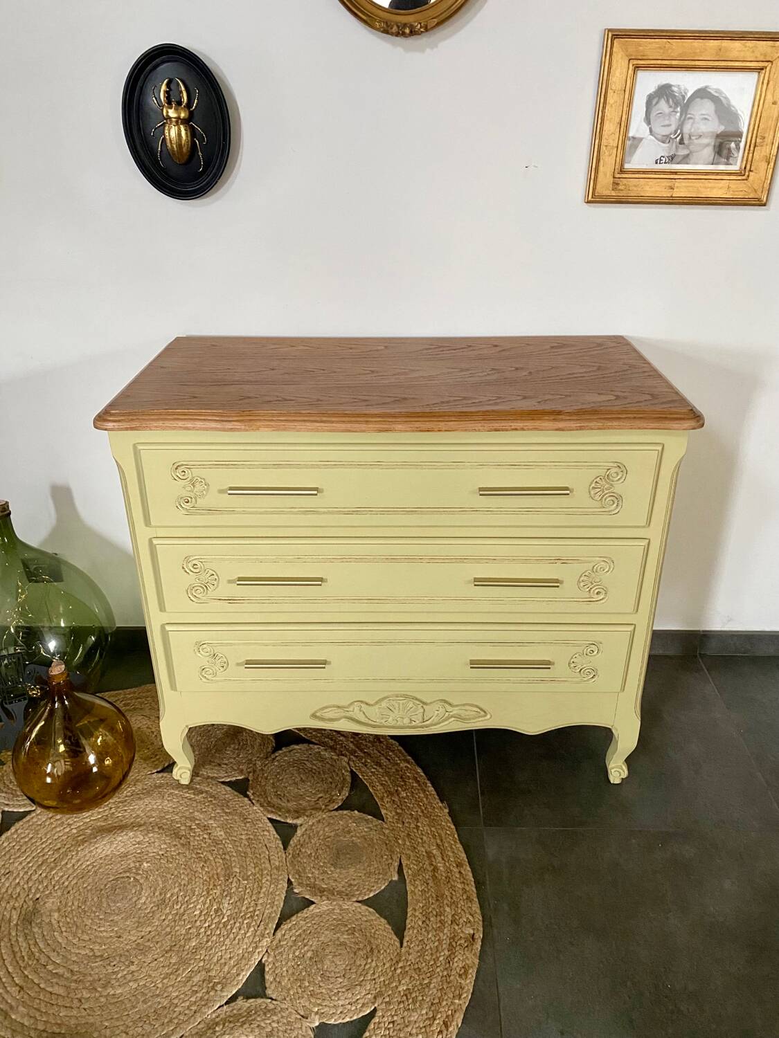 Vintage 3-drawer chest of drawers, redesigned in beige, green and wood
