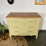 Commode vintage 3 tiroirs relooké beige vert et bois