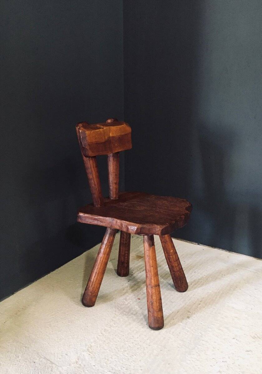 Rustic Alpine Hand-Carved Oak Chair, France, 1920s