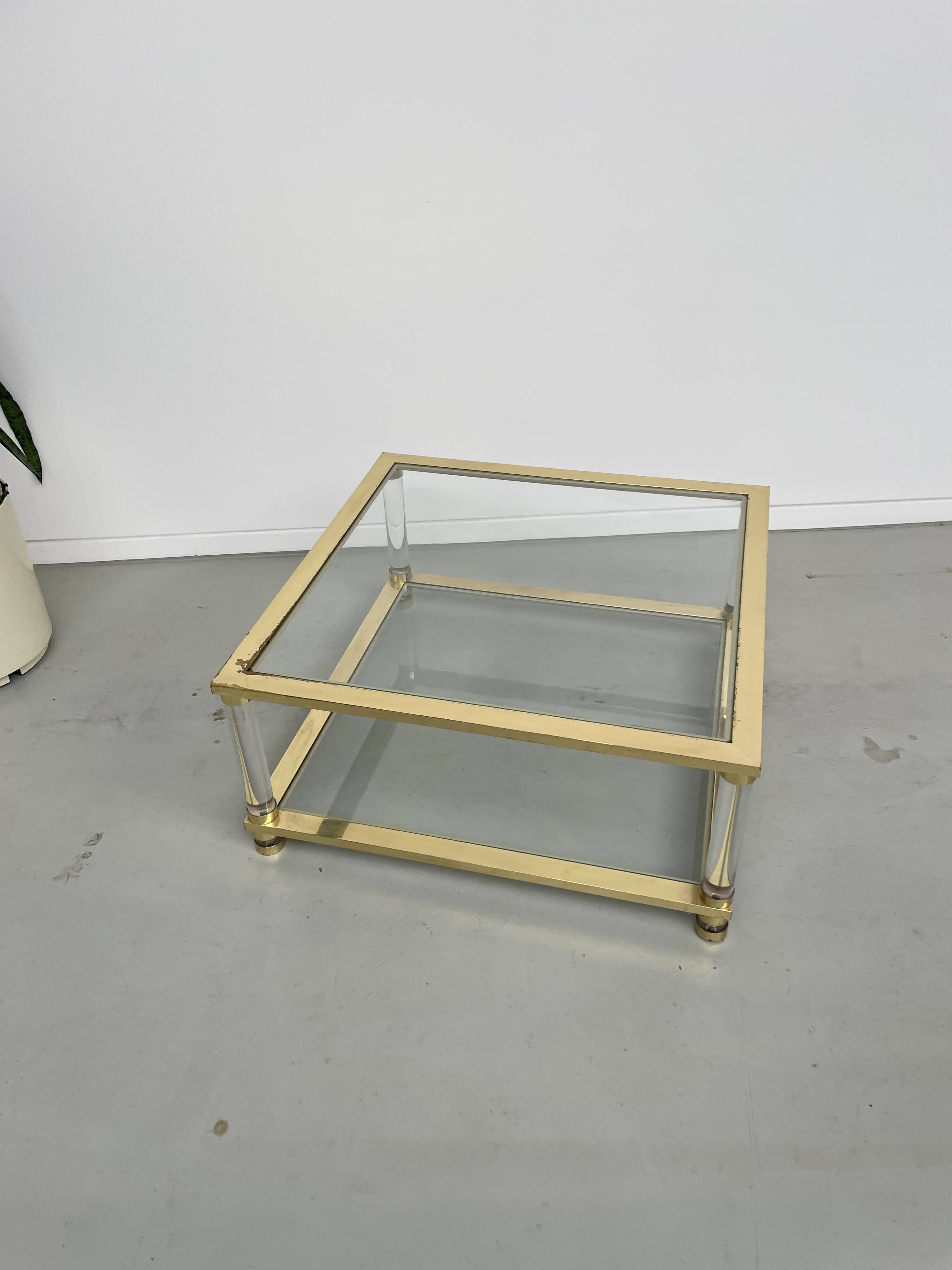 1970s lucite, brass and glass coffee table