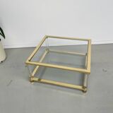 Table basse lucite, laiton et verre années 70