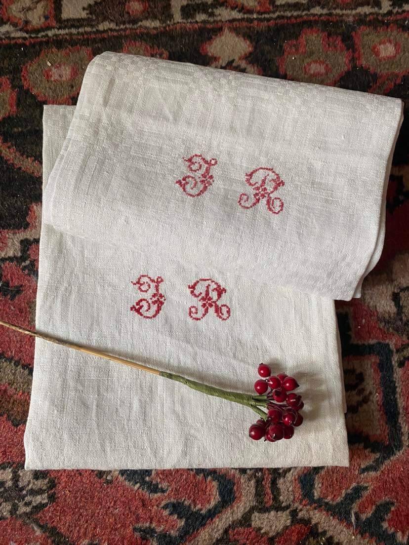 4 large damask tea towels JR monogram cross stitch.