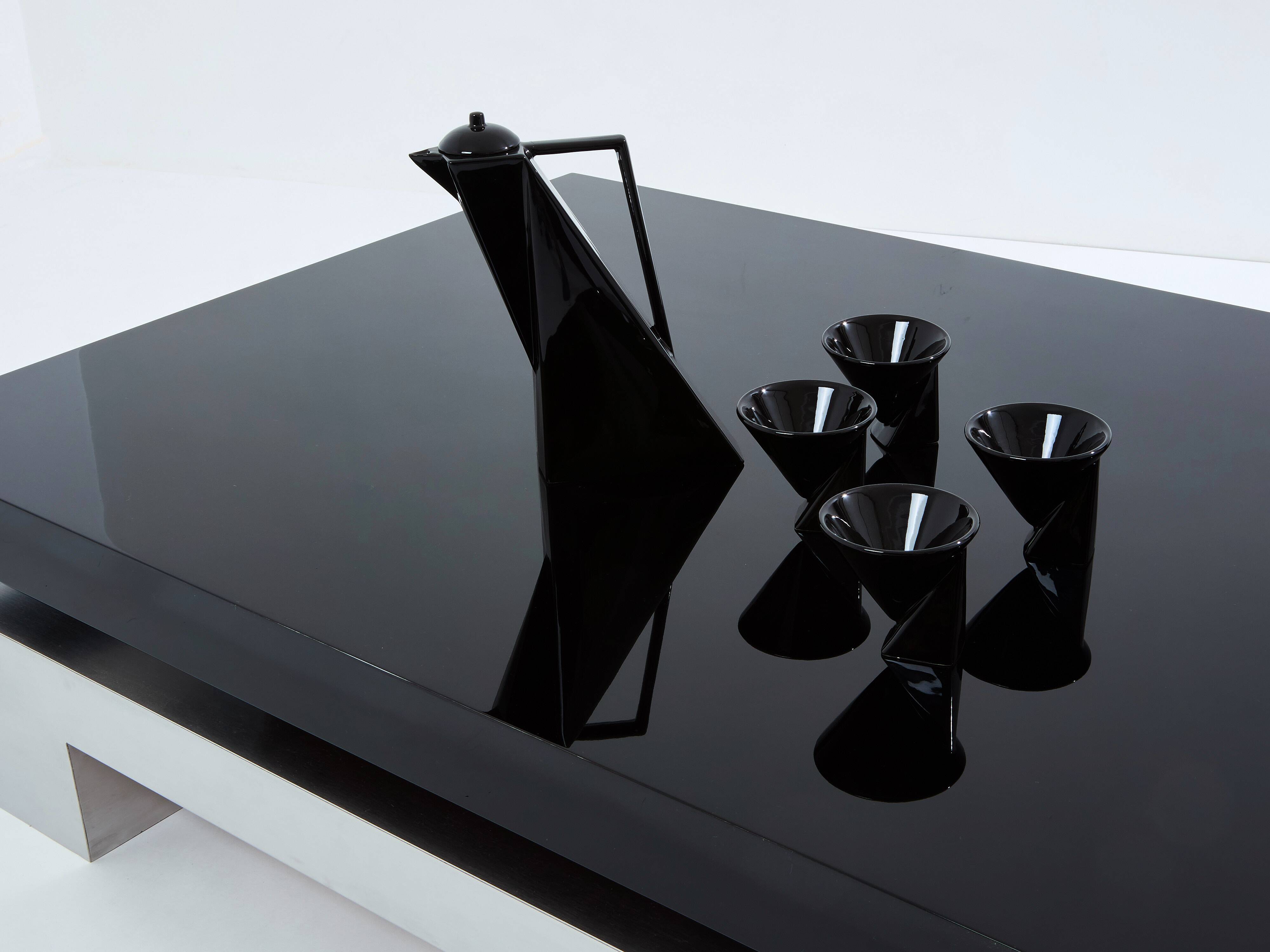 Large black lacquered and steel coffee table Nadine Charteret 1972