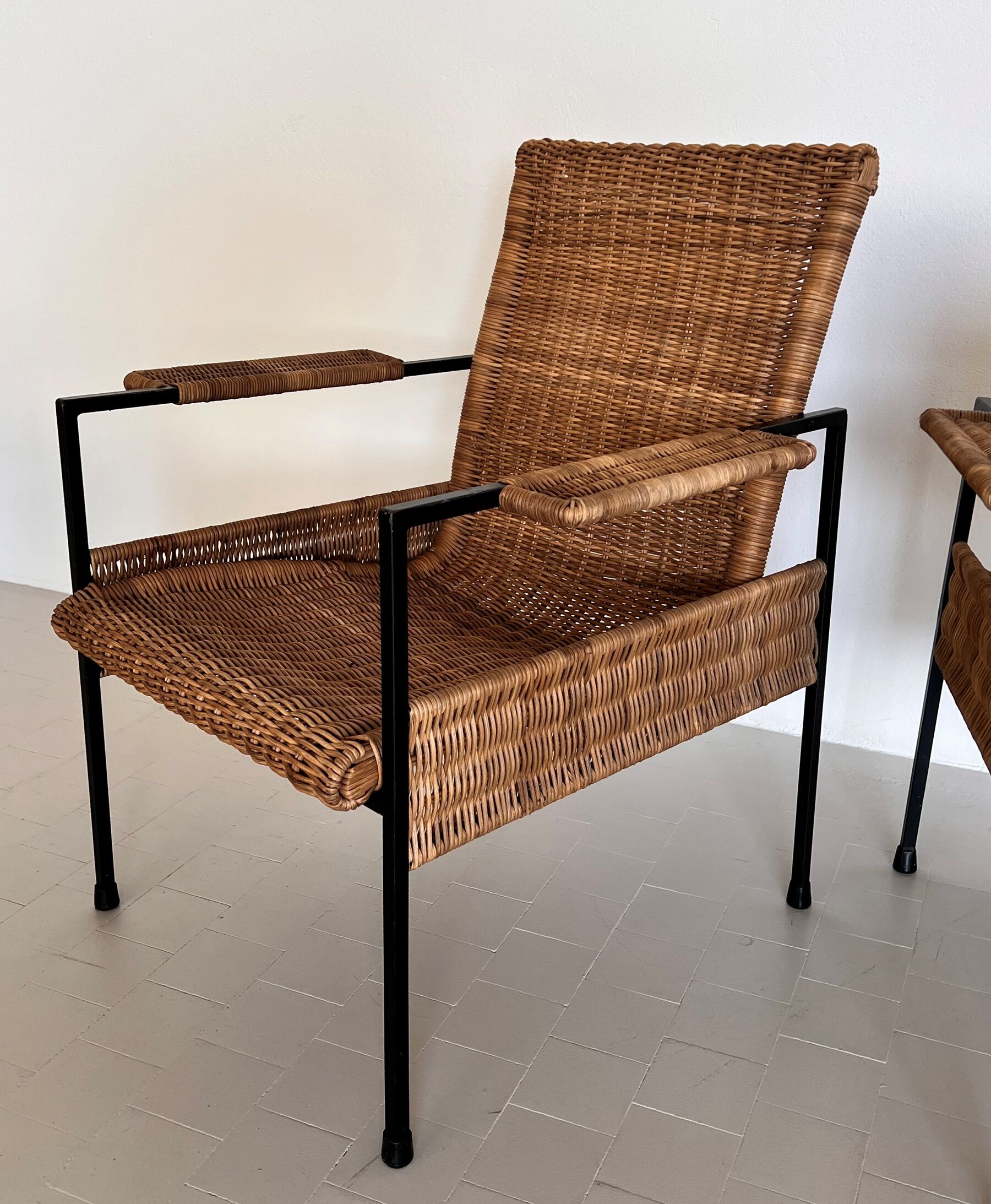 Rattan wicker and iron lounge chairs, set of 4