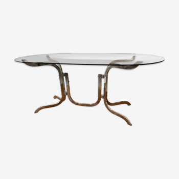 Table vintage en verre fumé piétement en métal chromé