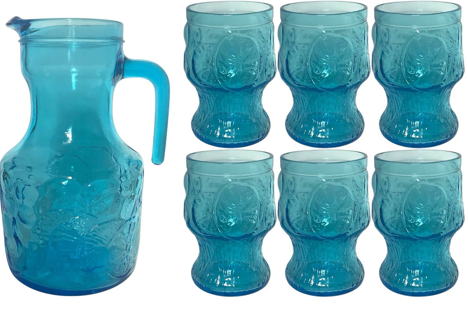 Vintage Vemam lemonade set in embossed blue glass, Italy