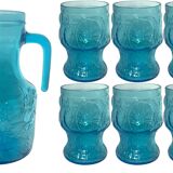 Vintage Vemam lemonade set in embossed blue glass, Italy