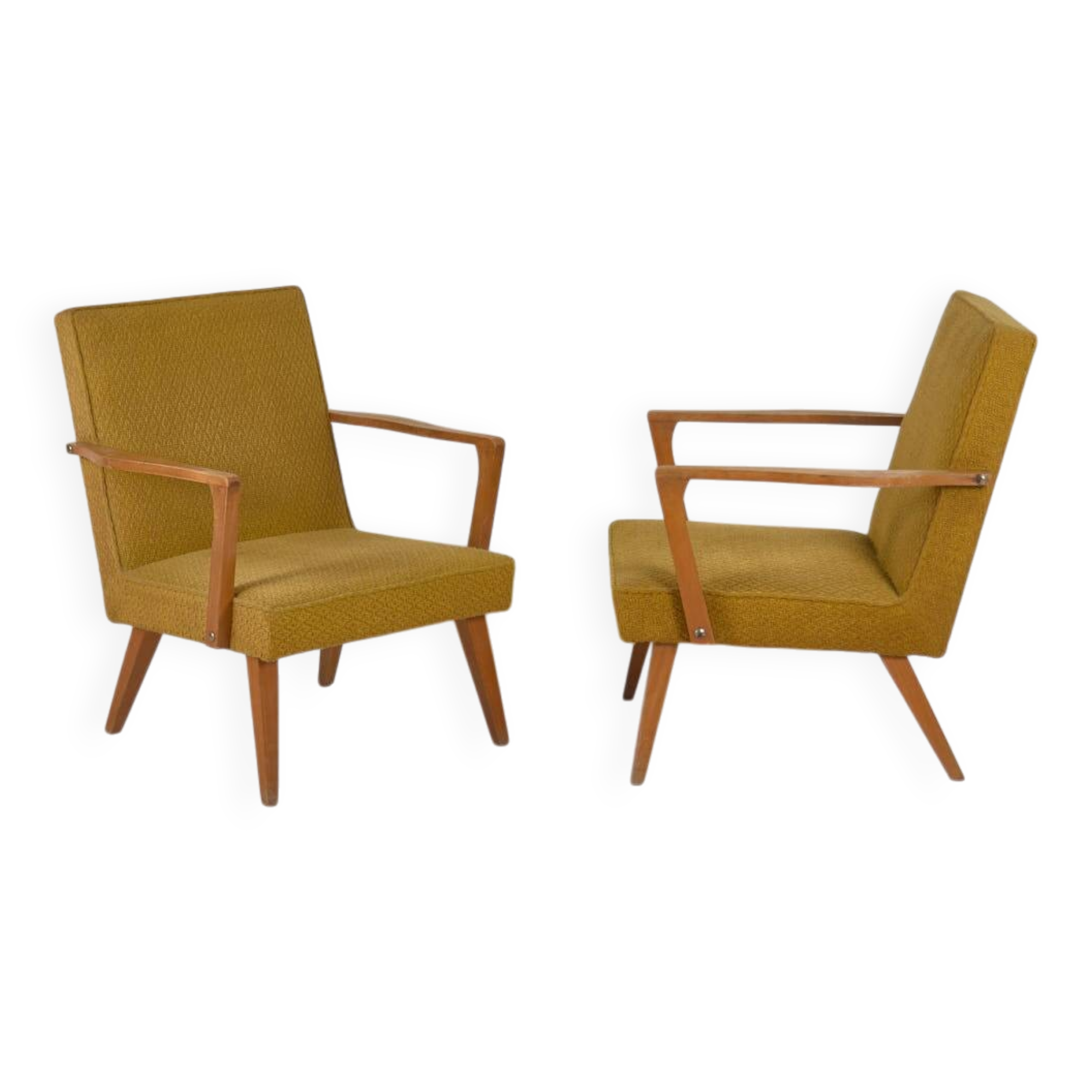 2 armchairs in wood and ochre fabric, 1950