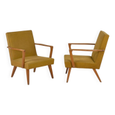 2 armchairs in wood and ochre fabric, 1950
