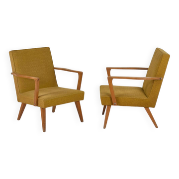 2 wooden and ochre fabric armchairs, 1950
