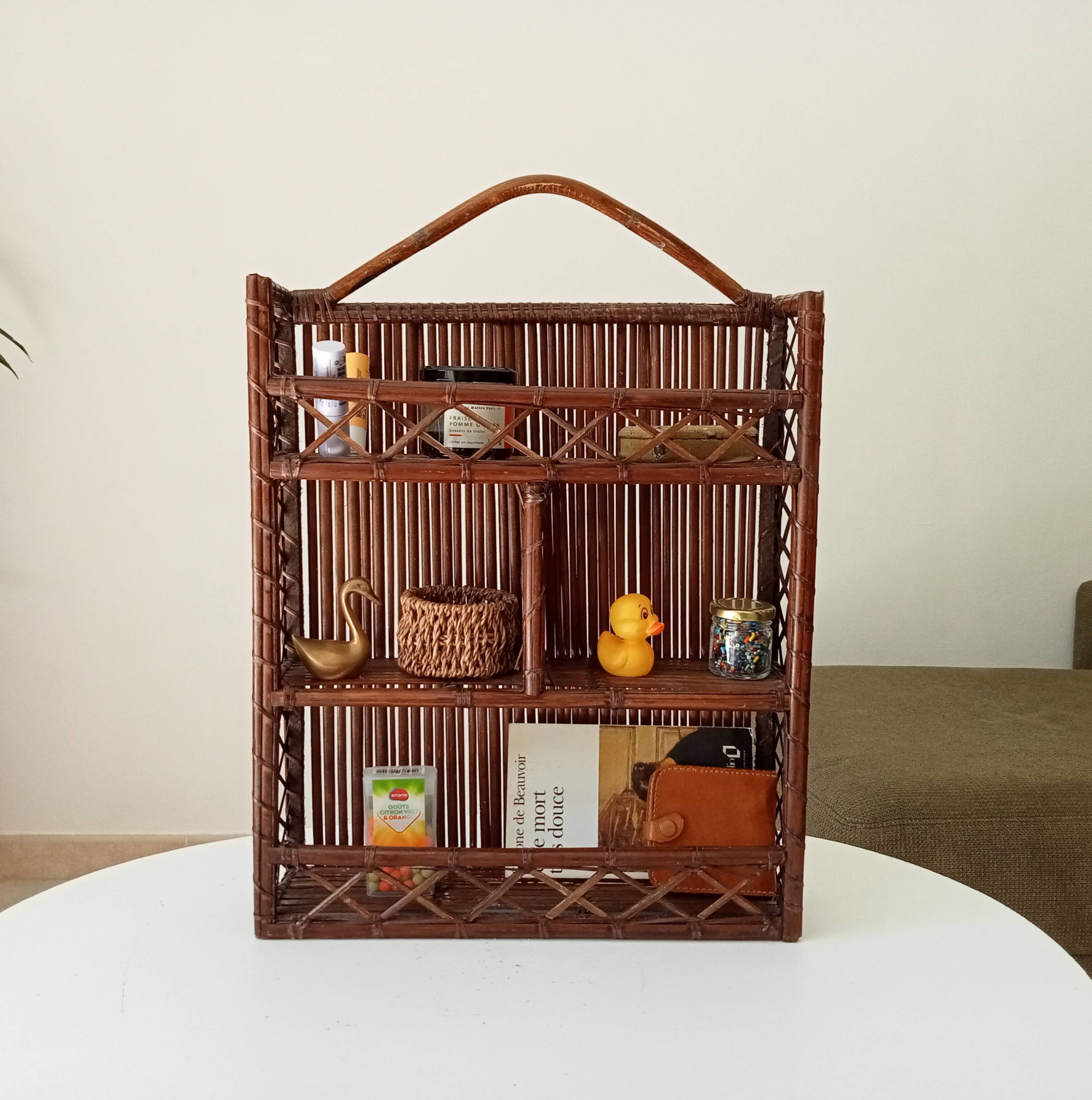 Vintage bamboo and rattan wall shelf from the 70s