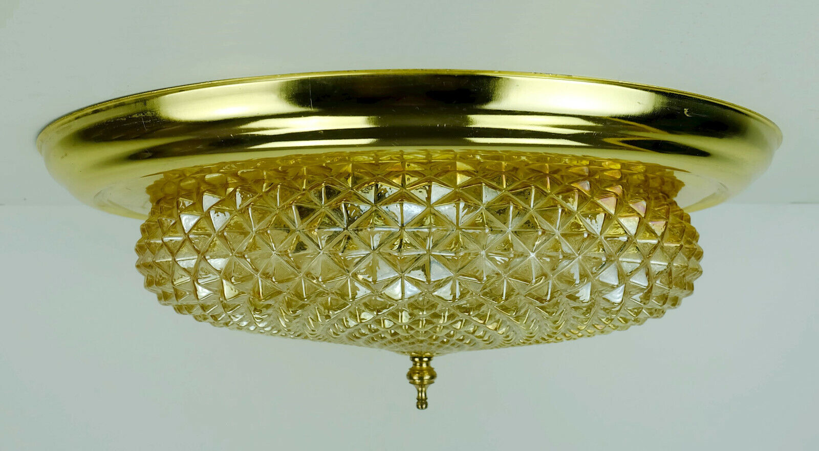 mid century ceiling LAMP flush mount textured amber glass and brass 1970s