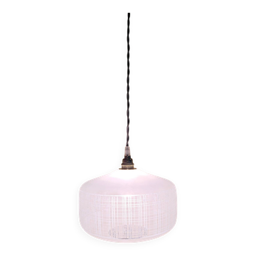 Suspension globe vintage blanc verre strié à carreaux 