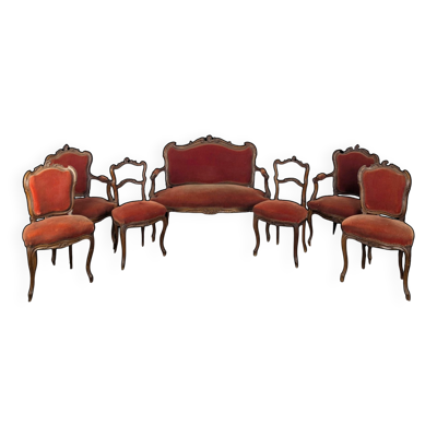 Salon de style Louis XV en noyer sculpté velours orange sept pièces